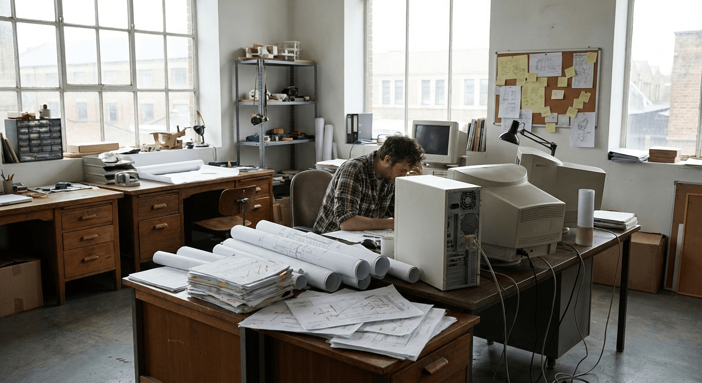 Traditional CAD setup with manual drafting load and fragmented workflows