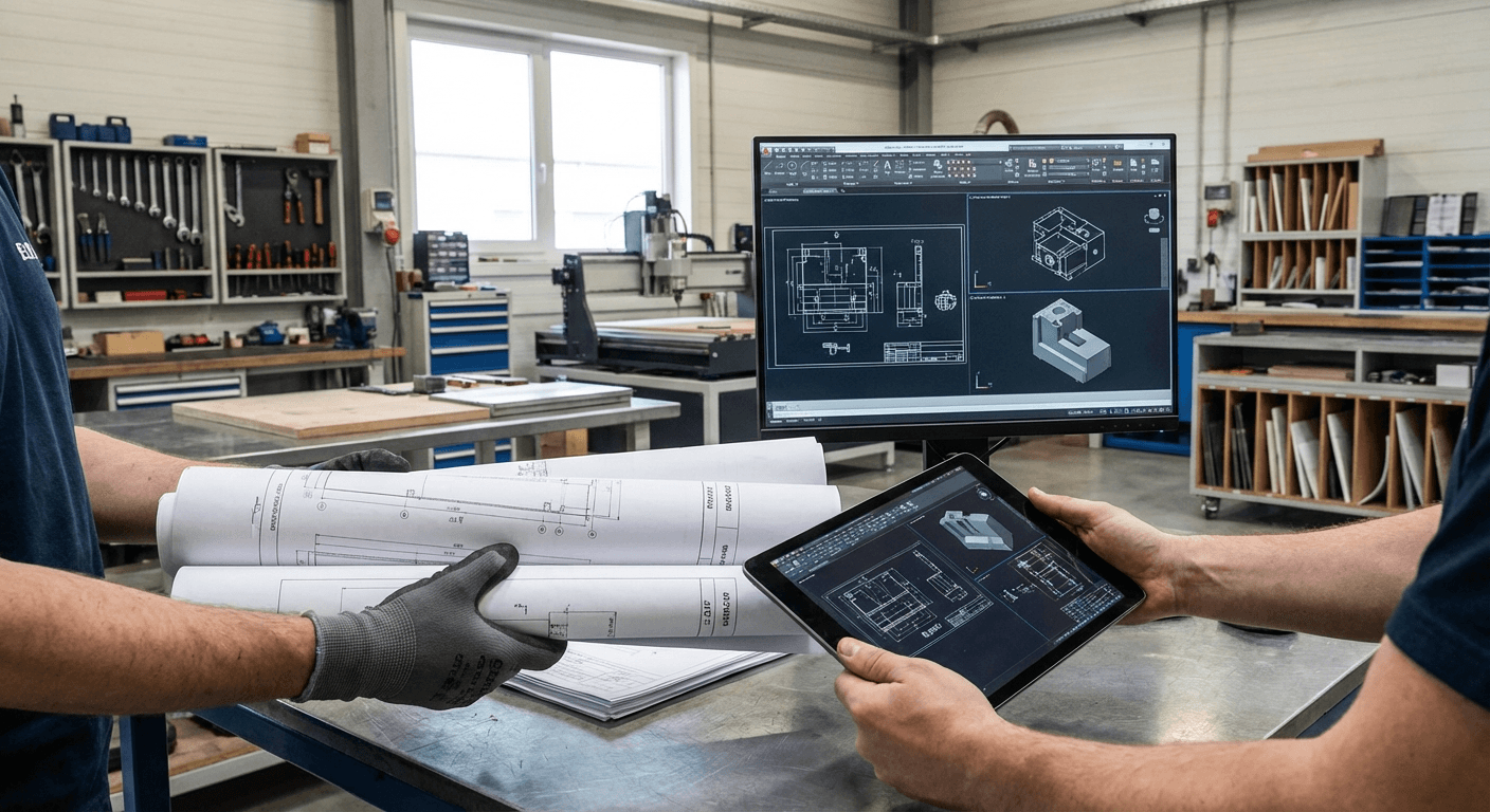 Generated manufacturing output scene with drawings and machine data